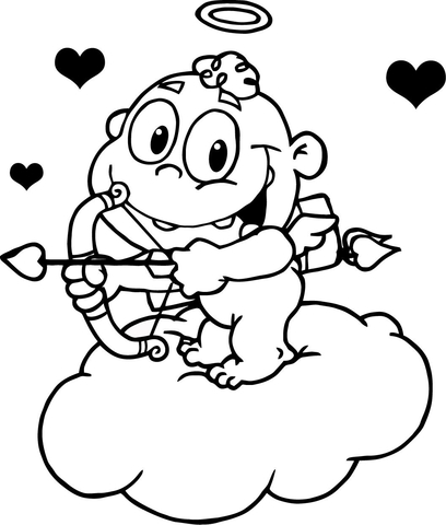 Cute Cupid With Bow And Arrow Flying With Hearts Coloring Page